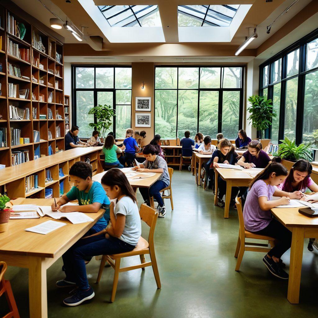 A vibrant community library scene with diverse individuals engaged in various activities like reading, crafting, and attending workshops. Emphasize joyful expressions, colorful bookshelves, and cozy seating areas. Include plants for a warm atmosphere and children playing in a corner. Capture the essence of lifelong learning and connection. super-realistic. vibrant colors. cozy atmosphere.