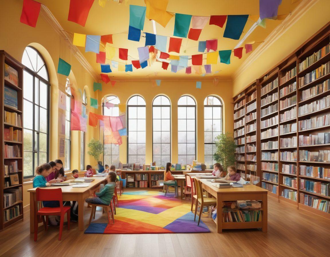 A vibrant library scene filled with children and adults joyfully engaging with books and educational materials. Colorful banners promoting cheerful resources adorn the walls, while a warm, inviting atmosphere features cozy reading nooks and friendly librarians interacting with visitors. Sunlight streams through large windows, casting a golden glow on the bright highlights of the space. Illustrate books flying in the air, symbolizing the joy of learning and discovery. 3D. bright and cheerful colors.