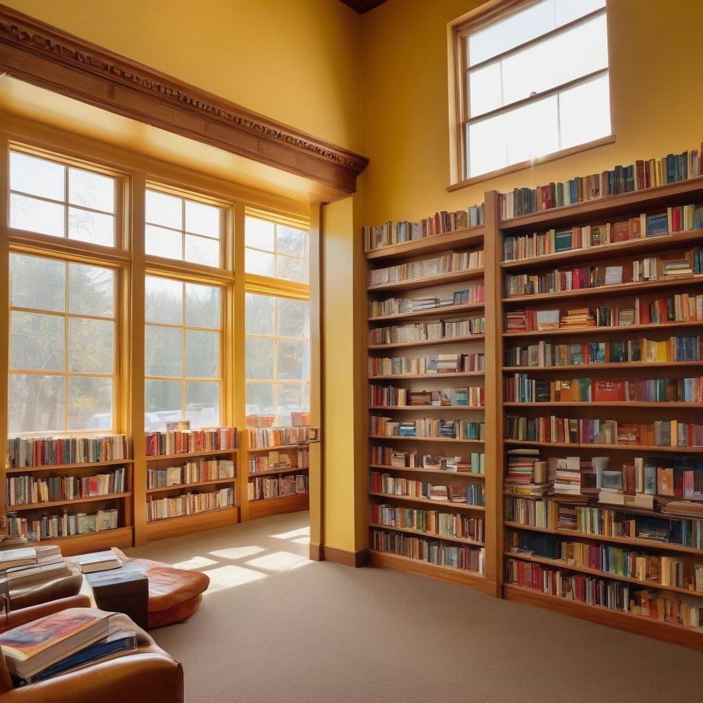 An inviting local library scene with cozy reading nooks, colorful shelves overflowing with books, and a group of diverse individuals joyfully exploring various learning resources. Sunlight streams through large windows, casting a warm glow on the books. Include a 'DIVE INTO DELIGHT' sign made of books. Envision a whimsical atmosphere that celebrates knowledge and community. vibrant colors. super-realistic.
